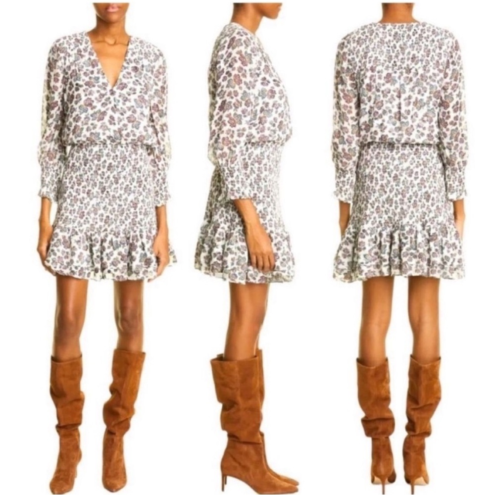 Veronica Beard Saera Floral Print Smocked Chiffon Minidress